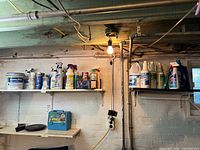 Wide view of two shelves showing full assortment of cleaners and chemicals