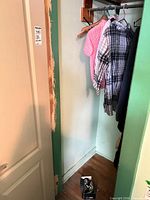 Closet view with pink jacket, plaid blouse, navy garment and Capezio tap shoes on floor