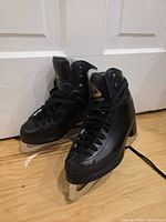 Pair of black Jackson Mystique figure skates standing together showing overall appearance