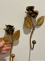 Front view of both brass rose wall hooks on wall