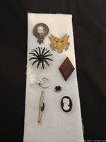 All eight brooches arranged vertically on felt