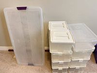 Under-bed tote standing upright beside stacked shoebox totes