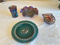 All four glass pieces: tumbler, ruffled dish, lattice dish, ribbon plate