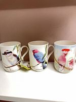 Three mugs side by side showing each bird design