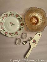 Overall lot with cake server, carnival bowl, china plate and bowl, clear bowls, spoon
