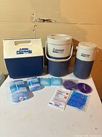 All coolers and ice packs grouped on table