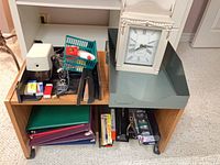 Overview of rolling table, document tray, clock, office tools and binders