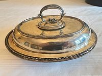 Full view of covered serving dish showing oval shape, lid and base