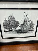 Full view of framed etching showing Bluenose II and Quebec skyline