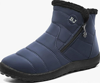 Stock image of one dark blue ankle snow boot with side zipper and faux-fur collar