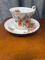 Teacup on saucer showing floral pattern