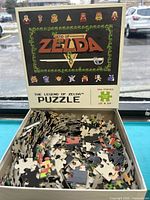 Open puzzle box showing lid artwork and loose pieces