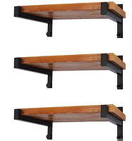 stock image showing three wooden shelves mounted on black brackets illustrating product use