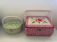 Rectangular and round wicker sewing baskets closed