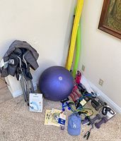 Group shot showing stability ball, chair, walking poles, pool noodles, water bottle, dumbbells, resistance bands, massager box, cap