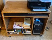 Front view of oak computer desk with printer and items shown (contents not included)