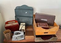 Overall view of all vintage office items on desk
