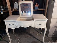 Vanity desk front view with lid open showing mirror and storage well