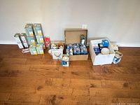 Overview of grouped boxed bulbs on floor