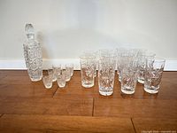 Overall view of decanter, shot glasses, and highball tumblers