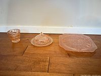 All three pink Depression glass pieces side by side