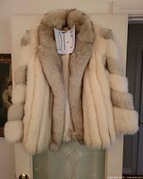 Full front view of coat hanging, showing color pattern and trim