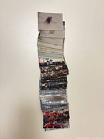 Stack of approximately 60–80 hockey trading cards front view