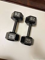 Both 25 lb hex dumbbells side by side