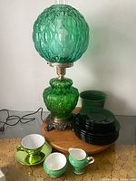 Full lot showing lamp, plates, cream & sugar