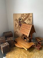 Overall lot showing lamp, canisters, owl plaque and wicker pieces