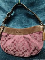 Full view of Coach hobo bag showing jacquard fabric, leather trim and strap