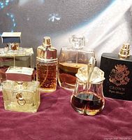 Group shot of all six perfume bottles showing shapes, caps and fill levels