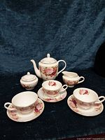 Full view of the floral teapot set showing all nine pieces