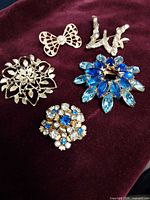 Front view showing all five brooches