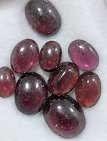 Close-up of ten oval cabochon garnets showing color and clarity