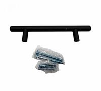 Single black bar pull handle with packaged screws displayed