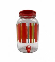 Front view of glass beverage dispenser showing stripe design, red lid and spigot
