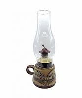 Complete oil lamp assembled showing full height and wheat motif