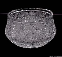 Side profile of clear Turkish cut glass bowl showing intricate pattern and scalloped rim