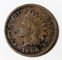 Obverse of 1906 Indian Head cent showing date and Liberty profile