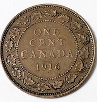 Reverse showing ONE CENT CANADA 1916 within maple-leaf wreath