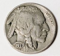 Obverse of 1937 Buffalo nickel showing Indian Head profile