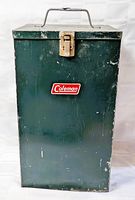 Front view of Coleman metal lantern case showing decal and latch