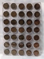 Full sheet showing 35 Canadian pennies in plastic page