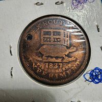 Obverse view showing EXECUTIVE EXPERIMENT legend, turtle with money chest, 1837 date, visible hole