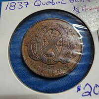 Obverse of 1837 Quebec Bank Half Penny Token in cardboard coin flip
