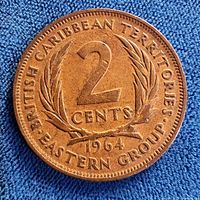 Reverse side of 1964 British Caribbean Territories 2 cents coin showing denomination and date