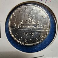 Full view of reverse side of 1975 Canada dollar in flip