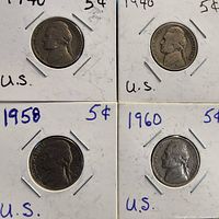 Group shot of four Jefferson nickels in 2×2 flips showing dates 1940, 1940, 1958, 1960