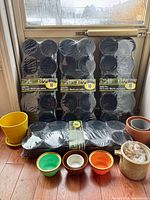 All items grouped: four packs of seedling pots, assorted planters and bowls